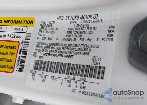 2022 Ford Bronco Sport Big Bend from USA, damaged, VIN 3FMCR9B61NRD00657